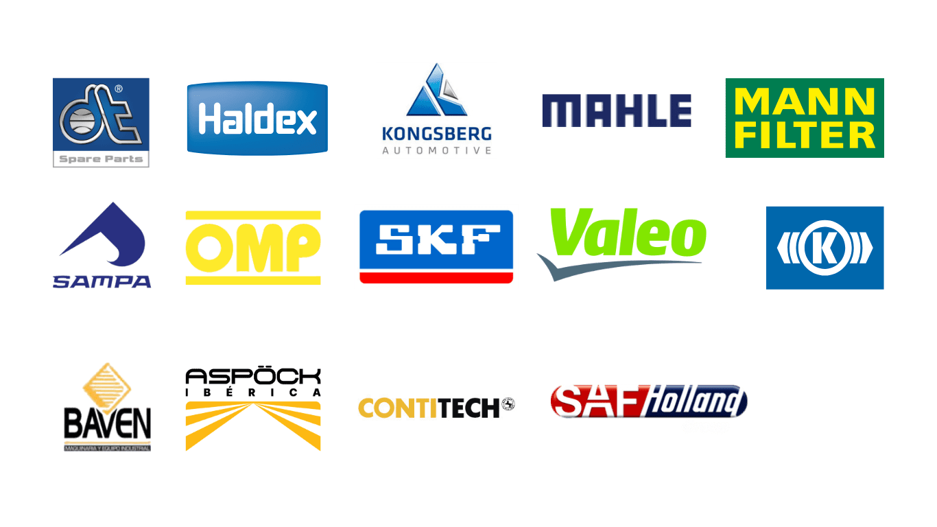 Principales marcas de recambios industriales: Scania, Volvo, Iveco, MAN, Mercedes-Benz, Renault y DAF.aspock, diesel tecnich, haldex, mahle, mann filter, saf holland, skf, valeo, sampa, omp.